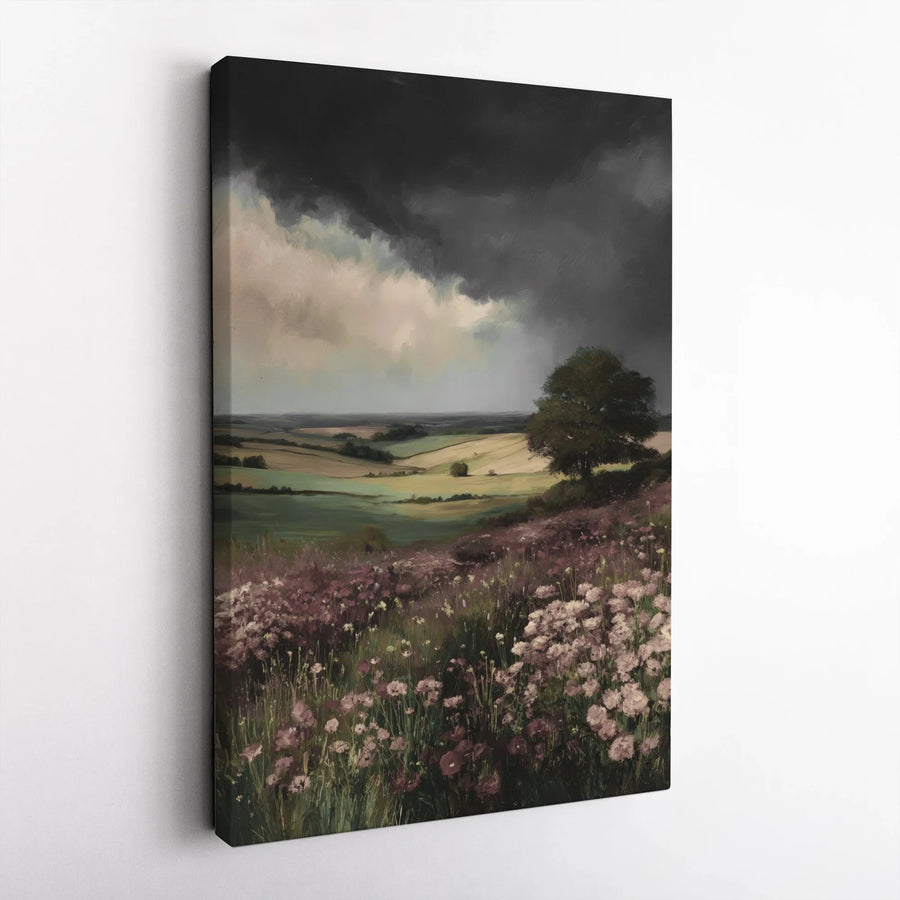 Moody Landscape Canvas Wall Art | Wildflower Meadow Stormy Sky Oil Painting | Premium Gallery Wrap | Atmospheric Home Office Decor