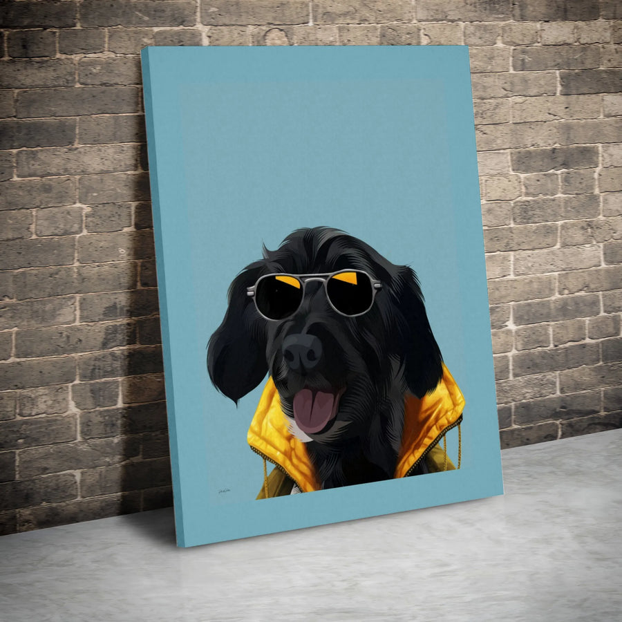Black Dog Wall Art Canvas | Trendy Dog With Sunglasses And Yellow Jacket | Premium Gallery Wrap Decor | Gift For Dog Lovers