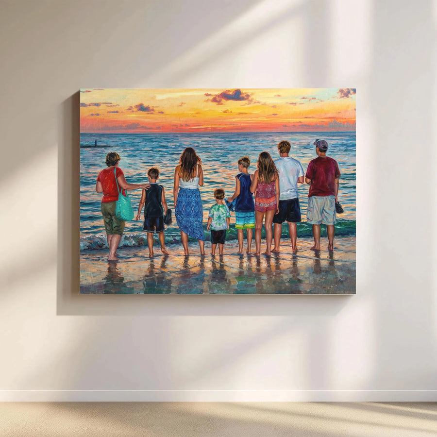 Family at the Beach Canvas Wall Art | Impressionistic Sunset Ocean Painting | Premium Fade-Resistant Print | Coastal Home Decor Gift