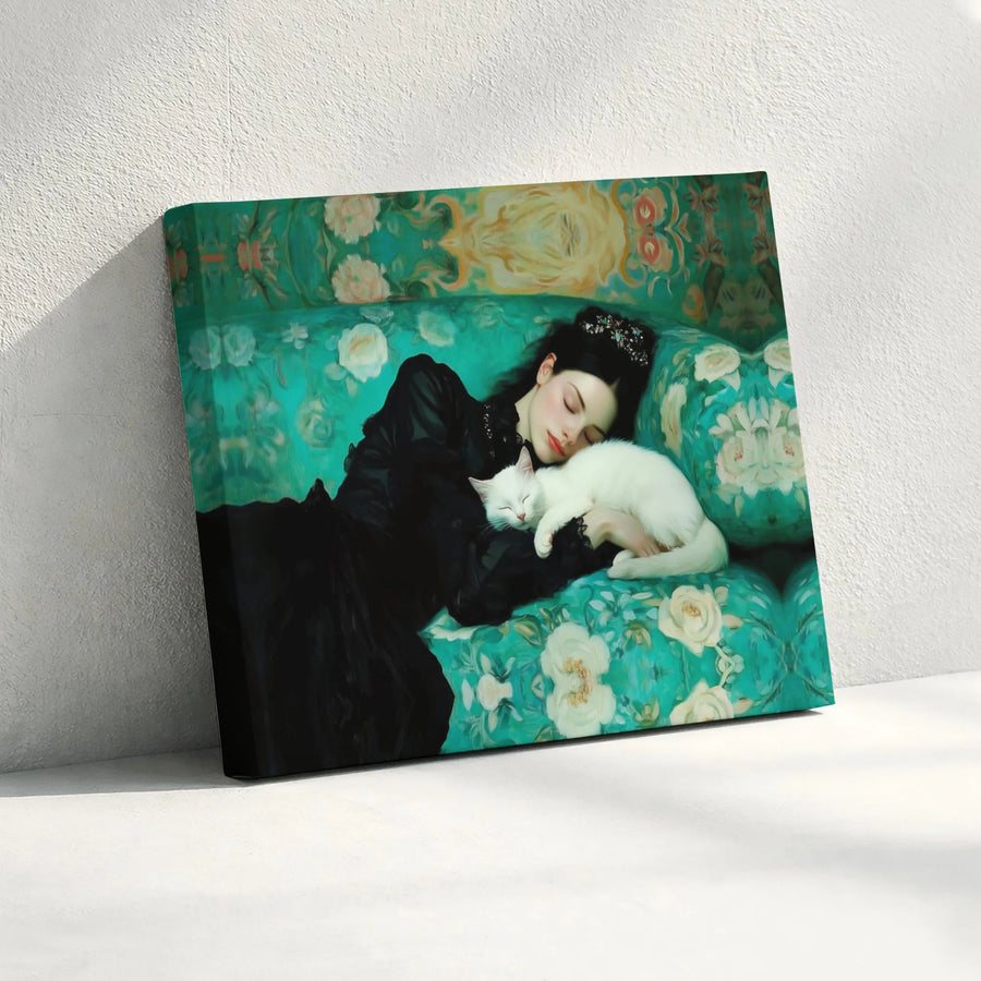 Gothic Girl With Cat Canvas Wall Art | Moody Floral Aesthetic Print | Premium Gallery Wrapped Canvas | Dark Academia Home Decor Gift