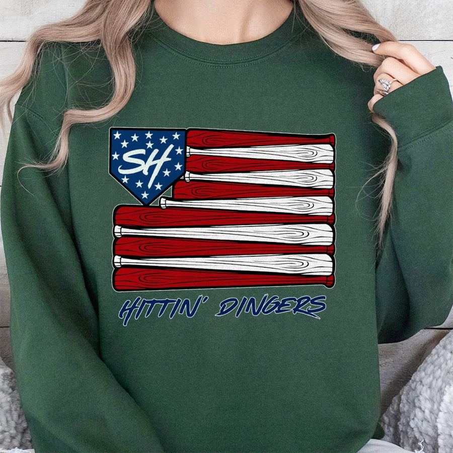 Hittin' Dingers Baseball Sweatshirt | American Flag Bat Design | Premium Cotton Blend | Gift for Baseball Players and Softball Fans
