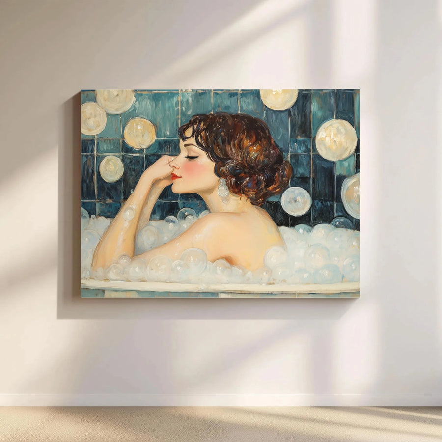 Vintage Art Deco Bathing Woman Canvas | Elegant Bubble Bath Portrait | Premium Gallery Wrapped Print | Sophisticated Bathroom Home Decor