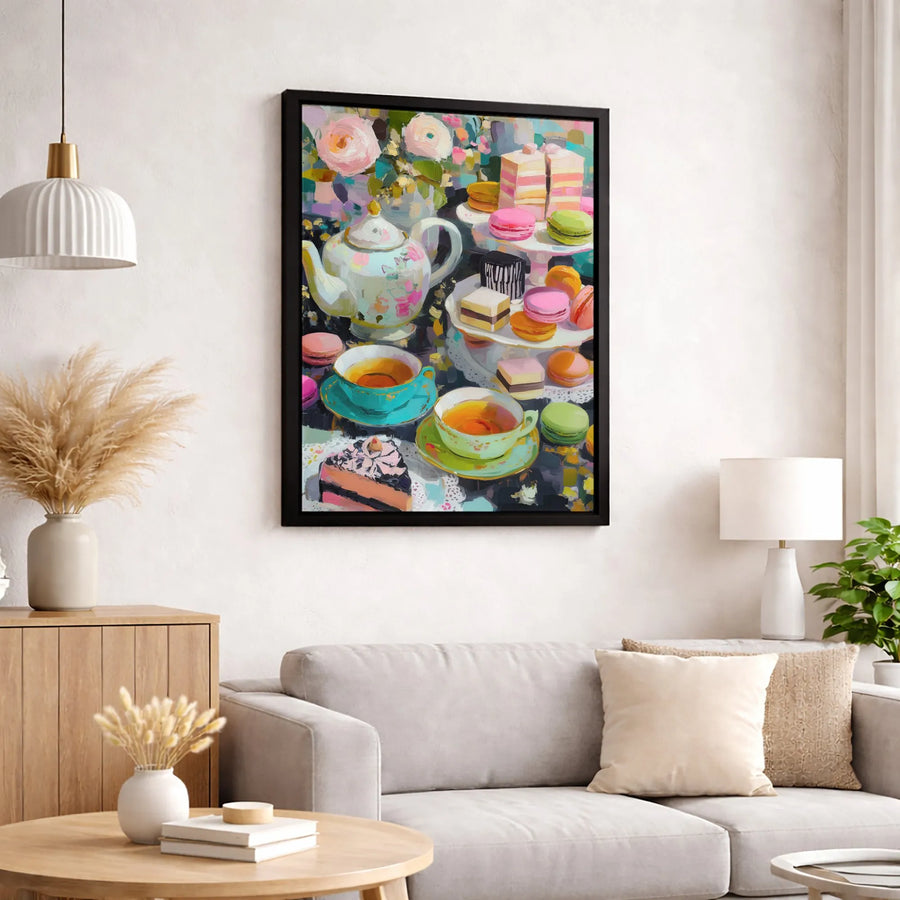 Afternoon Tea Party Canvas Art | Impressionist Dessert & Flowers Painting | Premium 1.25" Gallery Wrap | Kitchen Decor Gift for Tea Lovers