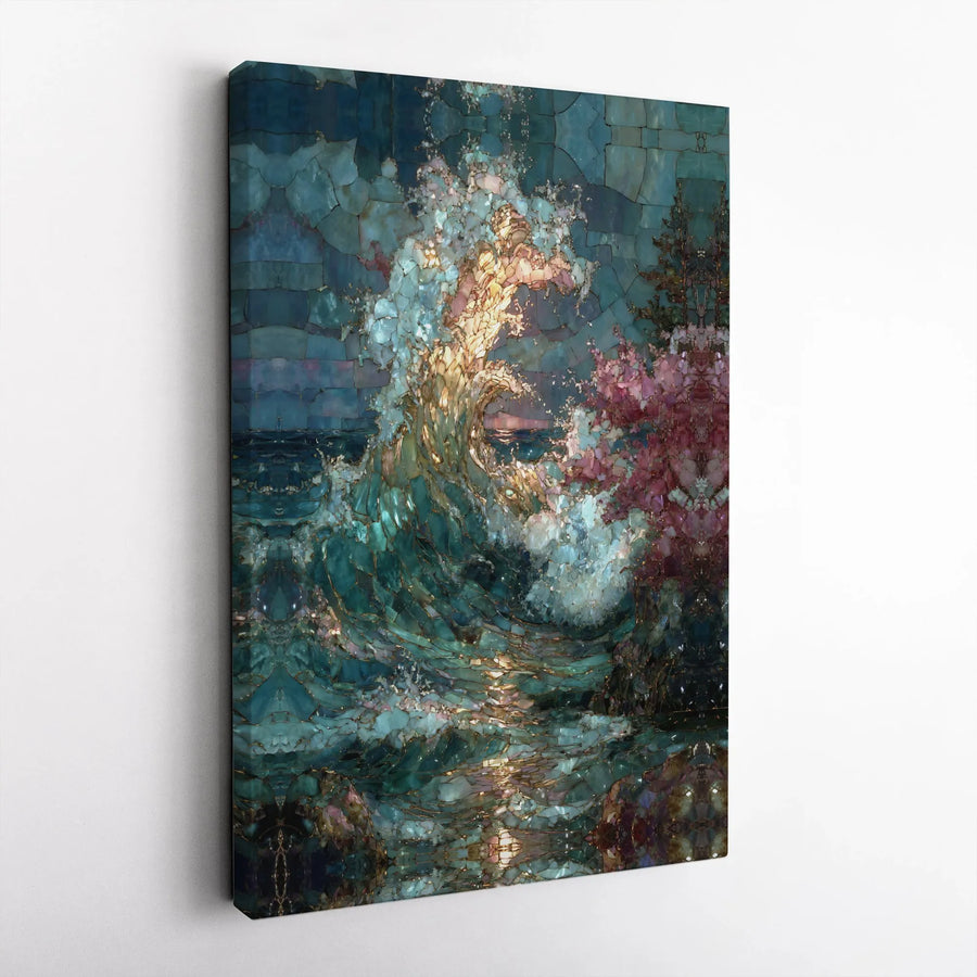 Ocean Wave Canvas Wall Art | Iridescent Mosaic Style with Pink Blossoms | Premium Gallery Wrap 1.25" Profile | Coastal Home Decor Gift