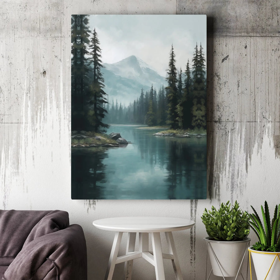 Misty Mountain Lake Canvas Wall Art | Serene Forest Landscape Painting | Premium Gallery Wrapped Canvas | Rustic Cabin Wall Decor Gift