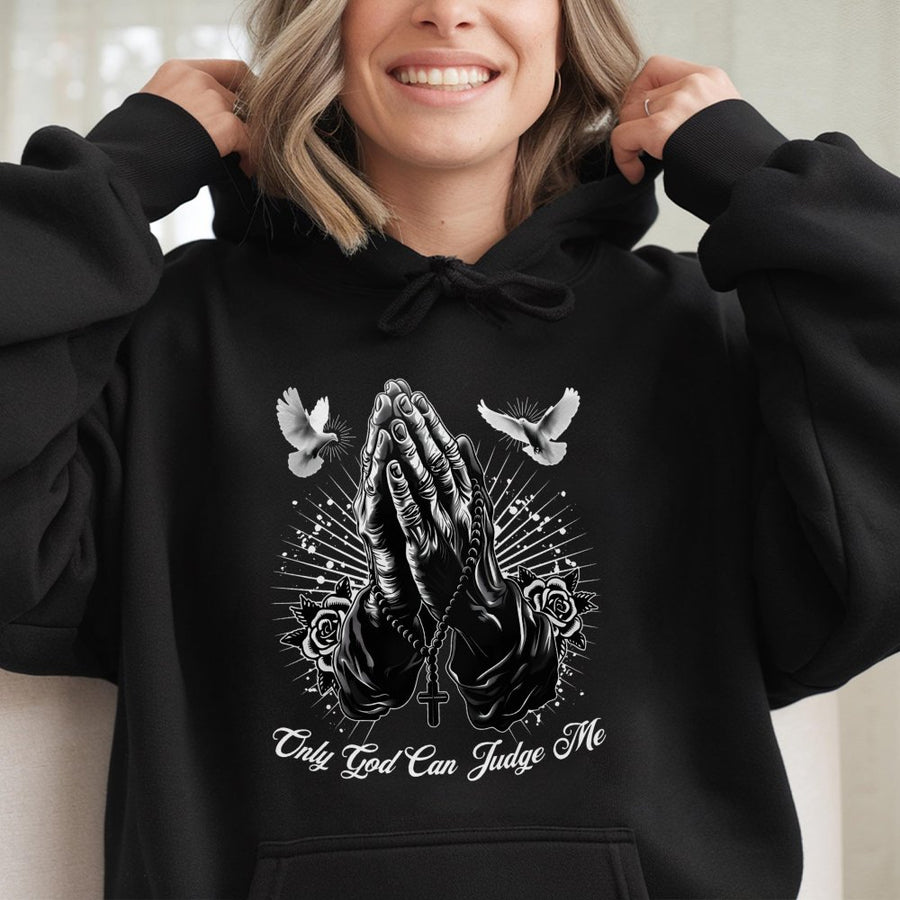 Only God Can Judge Me Hoodie | Praying Hands & Doves Graphic Design | Premium Cotton-Polyester Blend | Unisex Faith-Inspired Gift for Him & Her