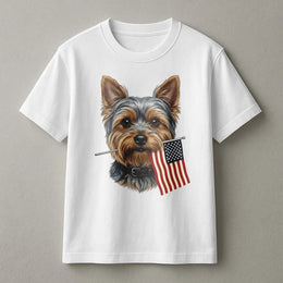 Yorkshire Terrier 4th of July T-Shirt | Patriotic Yorkie with American Flag | Premium Cotton-Blend Pullover | Independence Day Gift for Dog Lovers