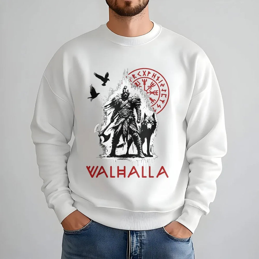 Viking Valhalla Sweatshirt | Norse Compass, Wolf & Raven Graphic | Premium Cotton Blend Pullover | Gift for Men, Nordic Mythology Apparel