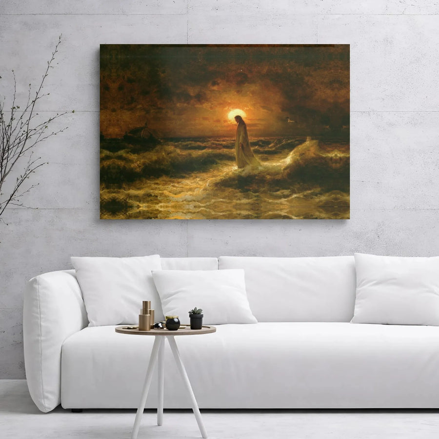 Jesus Walking On Water Canvas | Moody Stormy Sea Religious Art | Premium Gallery Wrap Print | Faithful Home Decor Gift