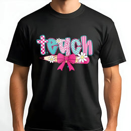 Coquette Teacher T-Shirt | Retro Floral Pencil & Teach Graphic | Soft Cotton Tee | Teacher Appreciation Gift for Her