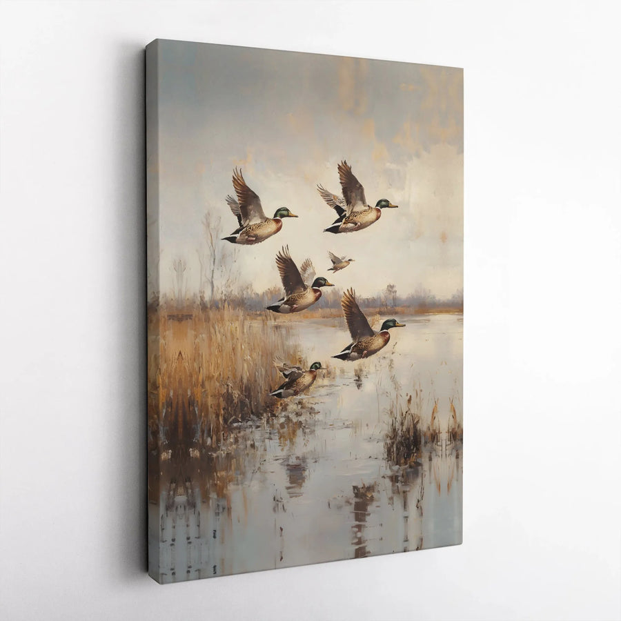 Flying Mallard Ducks Canvas Wall Art | Rustic Marsh Landscape Painting | Premium Gallery Wrap Print | Nature Inspired Home Decor Gift