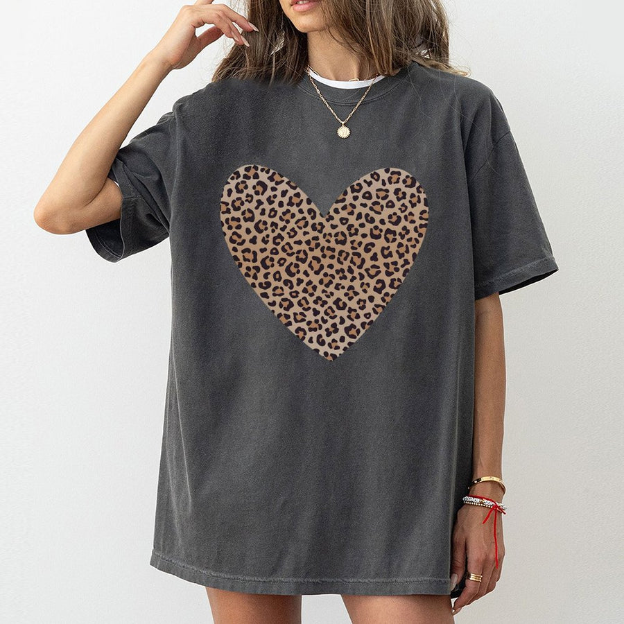 Leopard Heart T-Shirt | Animal Print Graphic Tee | 100% Cotton Premium Quality | Romantic Valentine Day Gift for Women