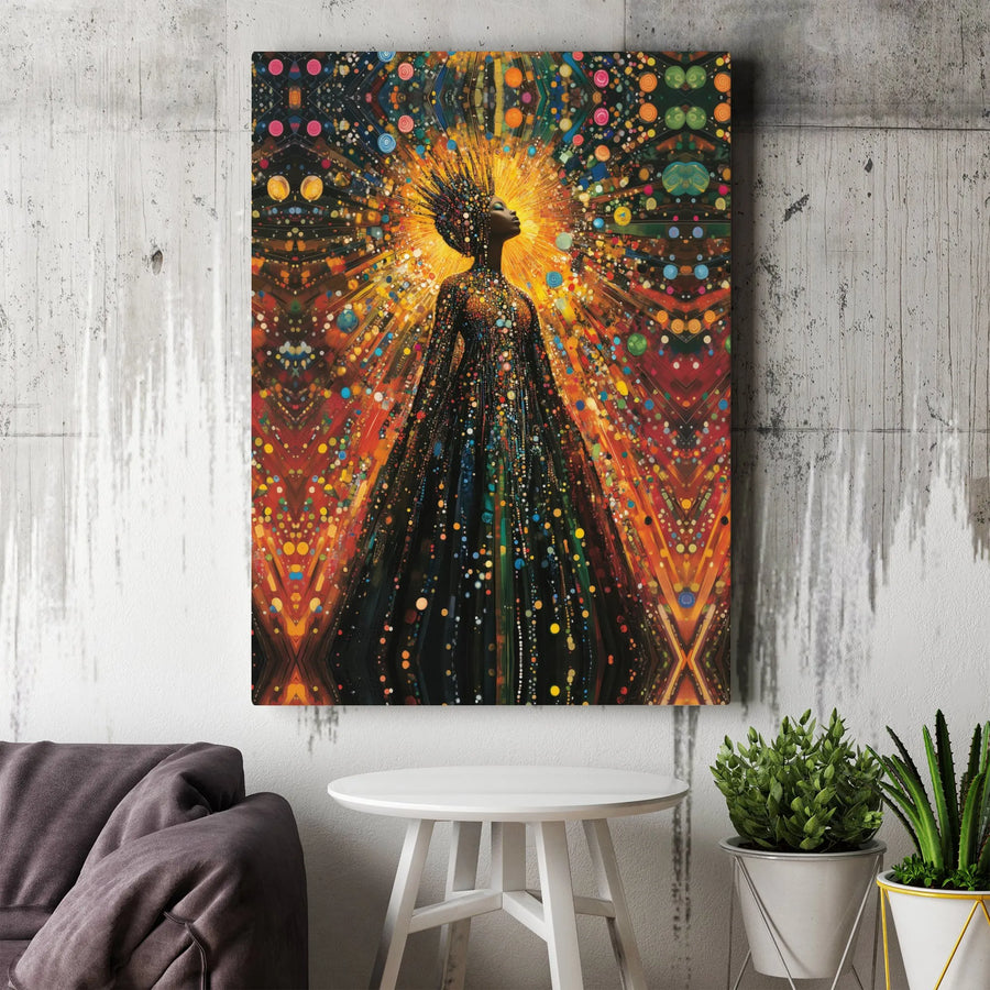Afrocentric Woman Canvas Art | Cosmic Light Burst Design | Premium Gallery-Wrapped Wooden Frame | Spiritual Celestial Wall Decor for Home