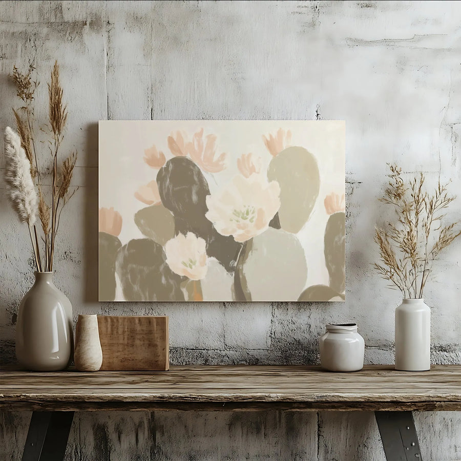 Abstract Prickly Pear Cactus Canvas Wall Art | Peach Flower Desert Botanical Print | Gallery Wrapped Premium Decor | Modern Minimalist Home Gift