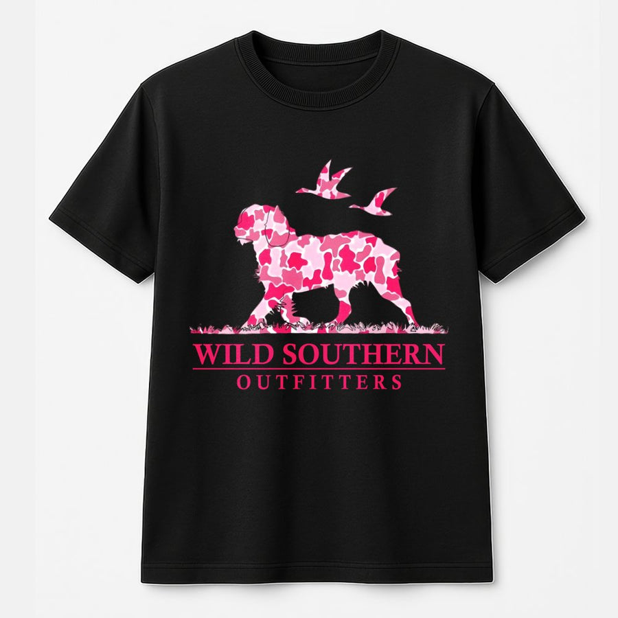 Boykin Spaniel Hunting Dog T-Shirt | Pink Camo Duck Design | 100% Cotton Premium Tee | Outdoor Gift for Women & Girls Who Love Country Life