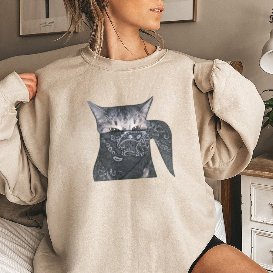Outlaw Cat Graphic Sweatshirt | Bandit Kitten With Bandana Design | Premium Cotton Blend Crewneck | Funny Animal Meme Gift For Cat Lovers