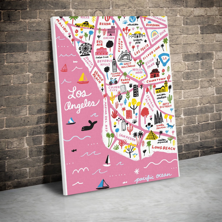 Los Angeles Map Vertical Canvas | Colorful Illustrated LA Neighborhoods Art | Premium Gallery Wrapped Canvas | Modern California Home Decor Gift
