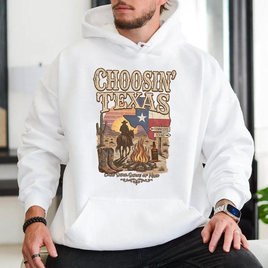 Choosin' Texas Hoodie | Retro Western Cowboy Graphic | Premium Cotton-Blend | Gift for Country Music Fan & Texas Lover