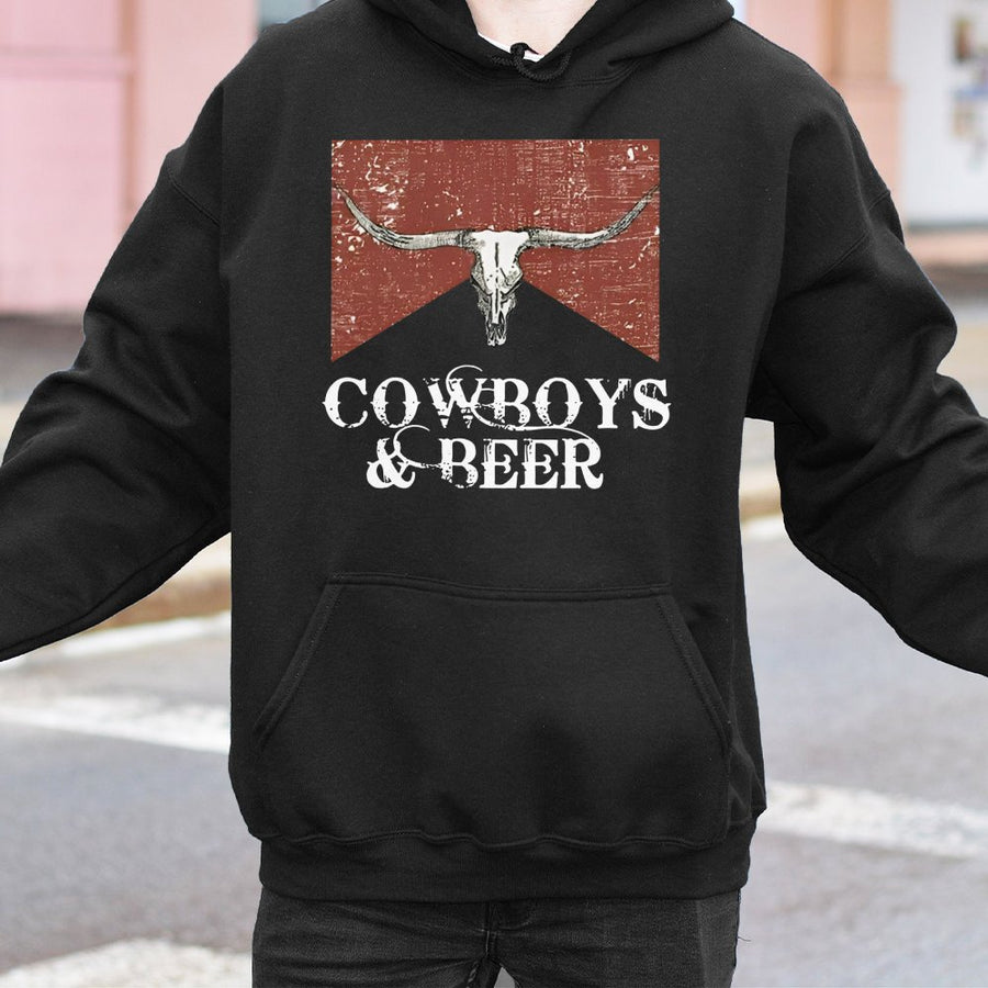 Cowboys and Beer Hoodie | Vintage Western Bull Skull Graphic | Cotton Blend Premium Pullover | Country Music Gift for Men and Women