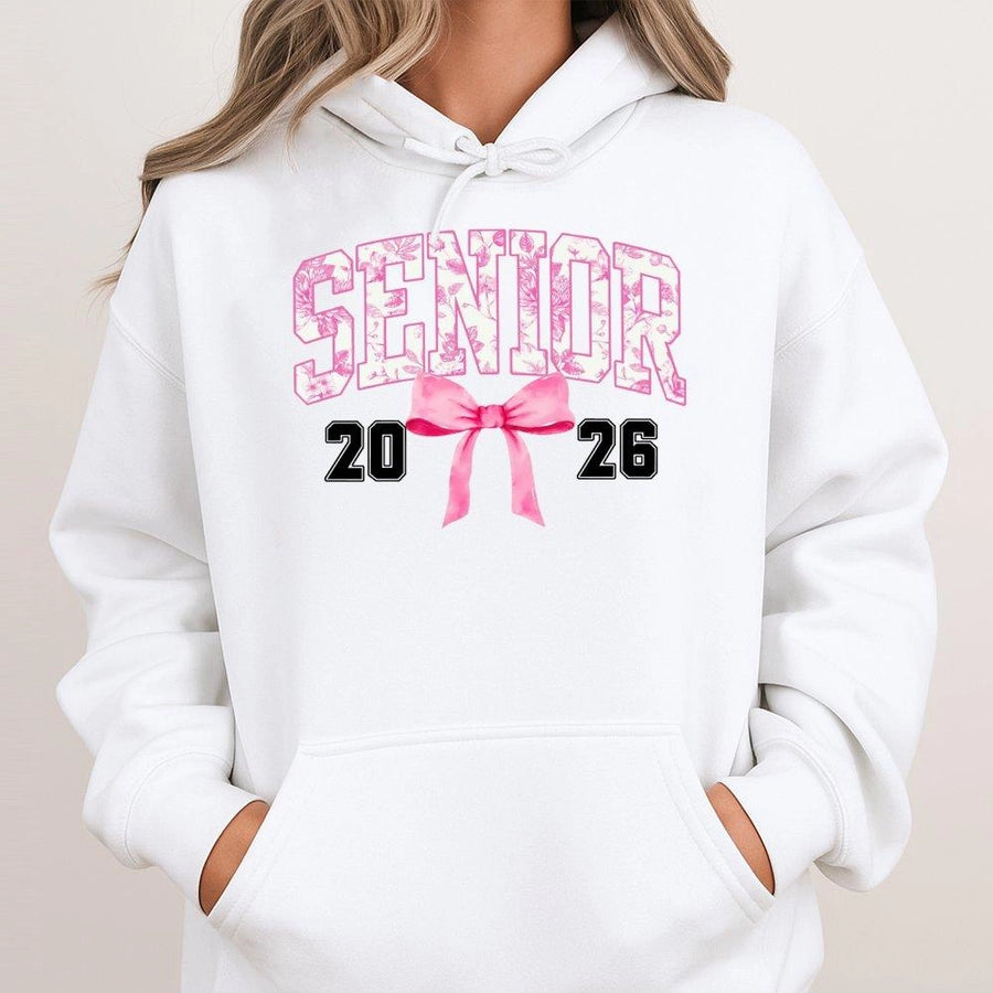 Senior 2026 Hoodie | Coquette Bow Pink Toile Graphic Design | Premium Cotton Blend | Graduation Gift for High School and College Students