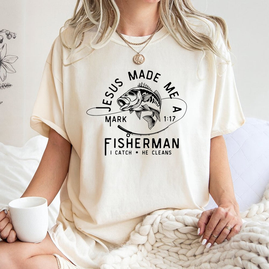 Jesus Made Me A Fisherman T-Shirt | Mark 1:17 Bible Verse Graphic Tee | Premium 100% Cotton Apparel | Religious Christian Gift For Dad & Men