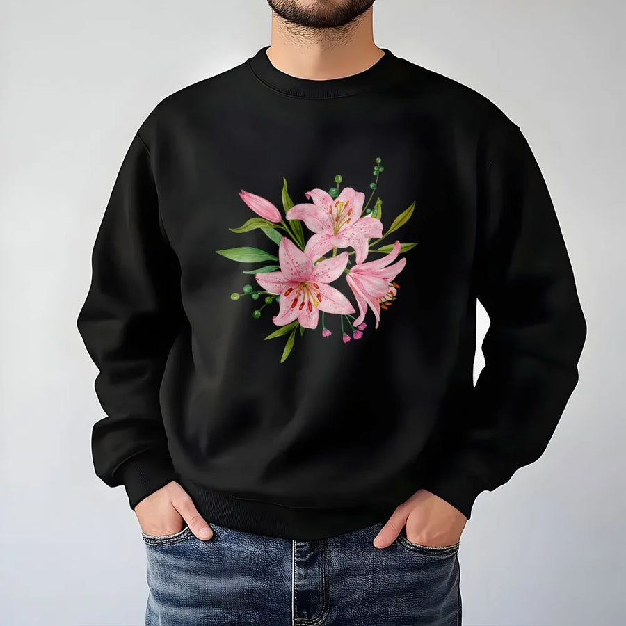 Pink Lily Sweatshirt | Watercolor Floral Botanical Graphic | Soft Cotton Blend Sweatshirt | Unisex Aesthetic Gardener Gift