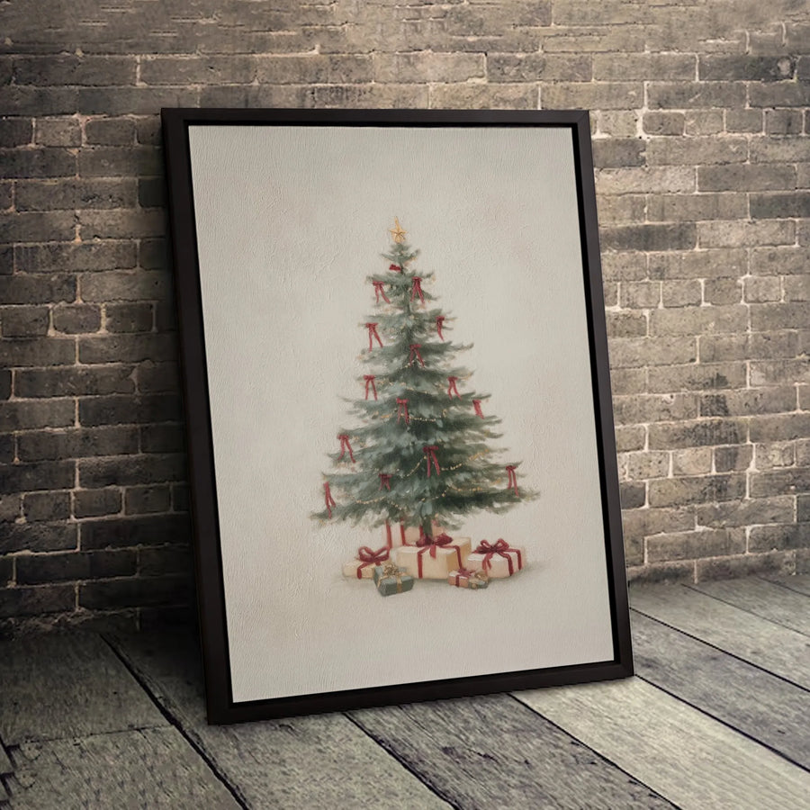 Vintage Christmas Tree Canvas Art | Watercolor Holiday Decor with Red Ribbons | Premium Gallery Wrap Print | Festive Wall Decor for Living Room