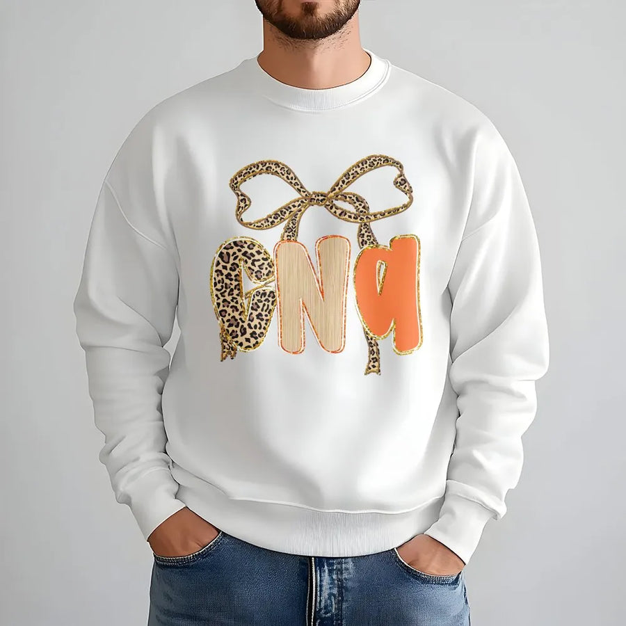 CNA Sweatshirt | Preppy Leopard Bow Design | Premium Cotton Blend | Nursing School Graduation Gift for Nurse Assistants