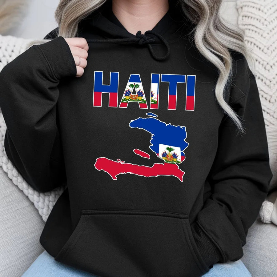 Haitian Flag Hoodie | Haiti Map Patriotic Graphic | Premium Cotton Unisex Tee | Haitian Pride Flag Day Gift