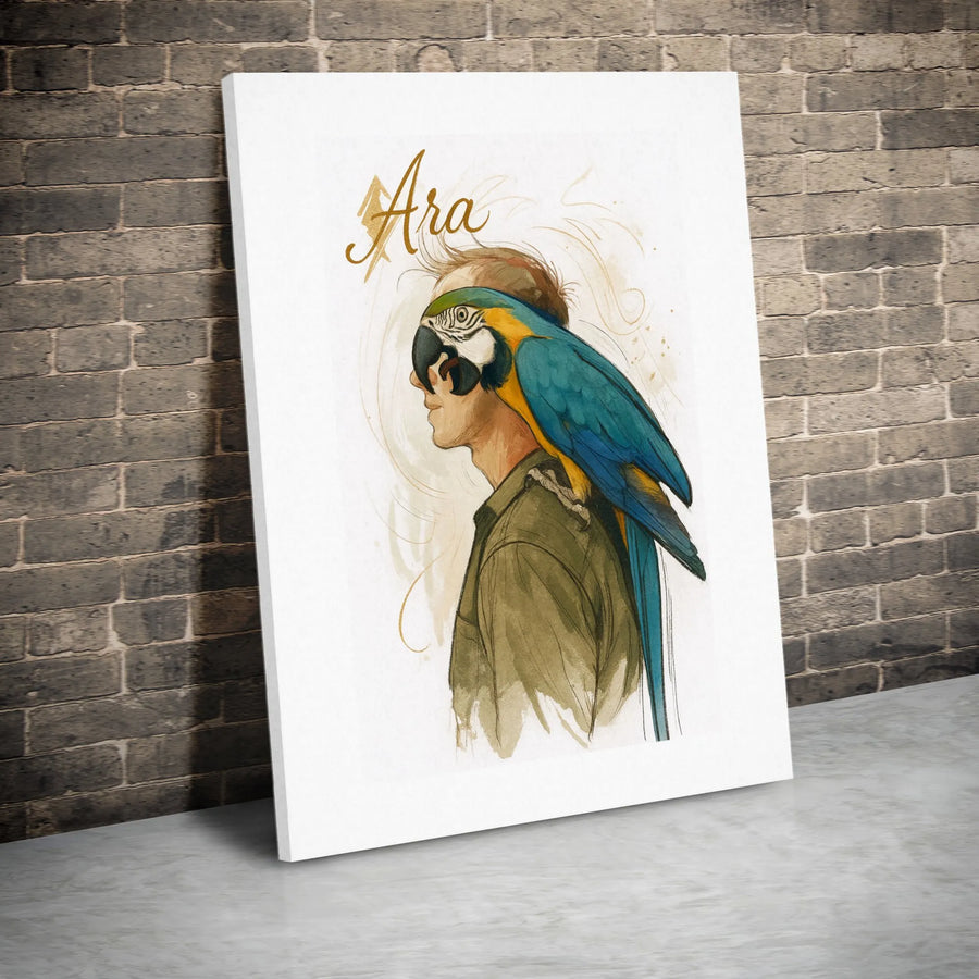 Ara Macaw Parrot Art Print | Watercolor Man Portrait Wall Decor | Premium 1.25" Gallery Canvas | Nature Lover Bird Gift Idea