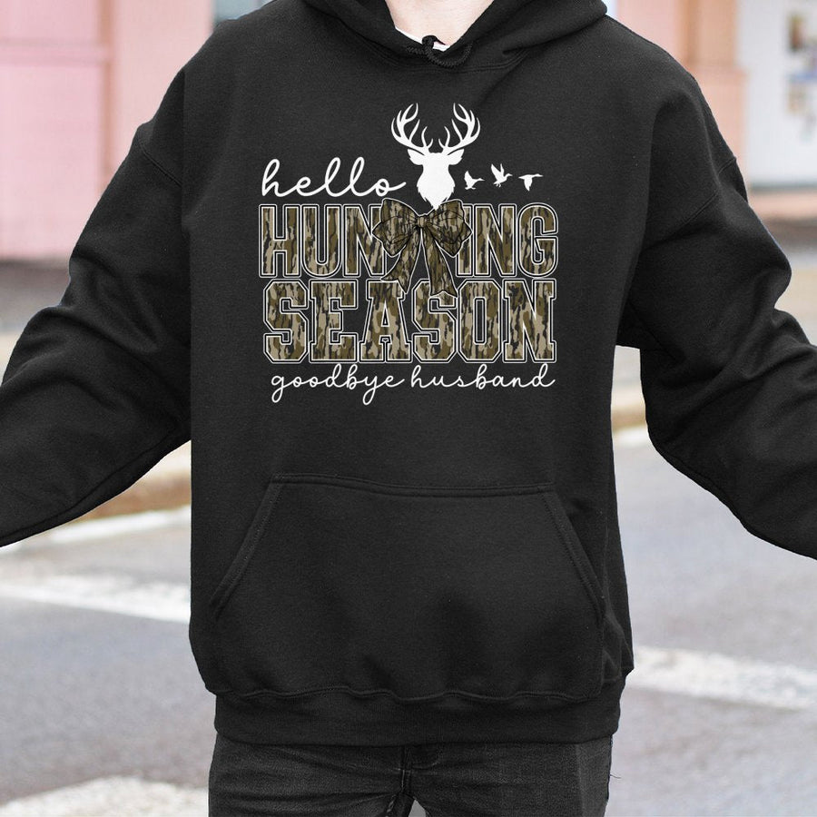 Hello Hunting Season Goodbye Husband Hoodie | Camo Coquette Bow Graphic | Premium Cotton Blend | Funny Hunter Wife Gift for Fall Deer Season