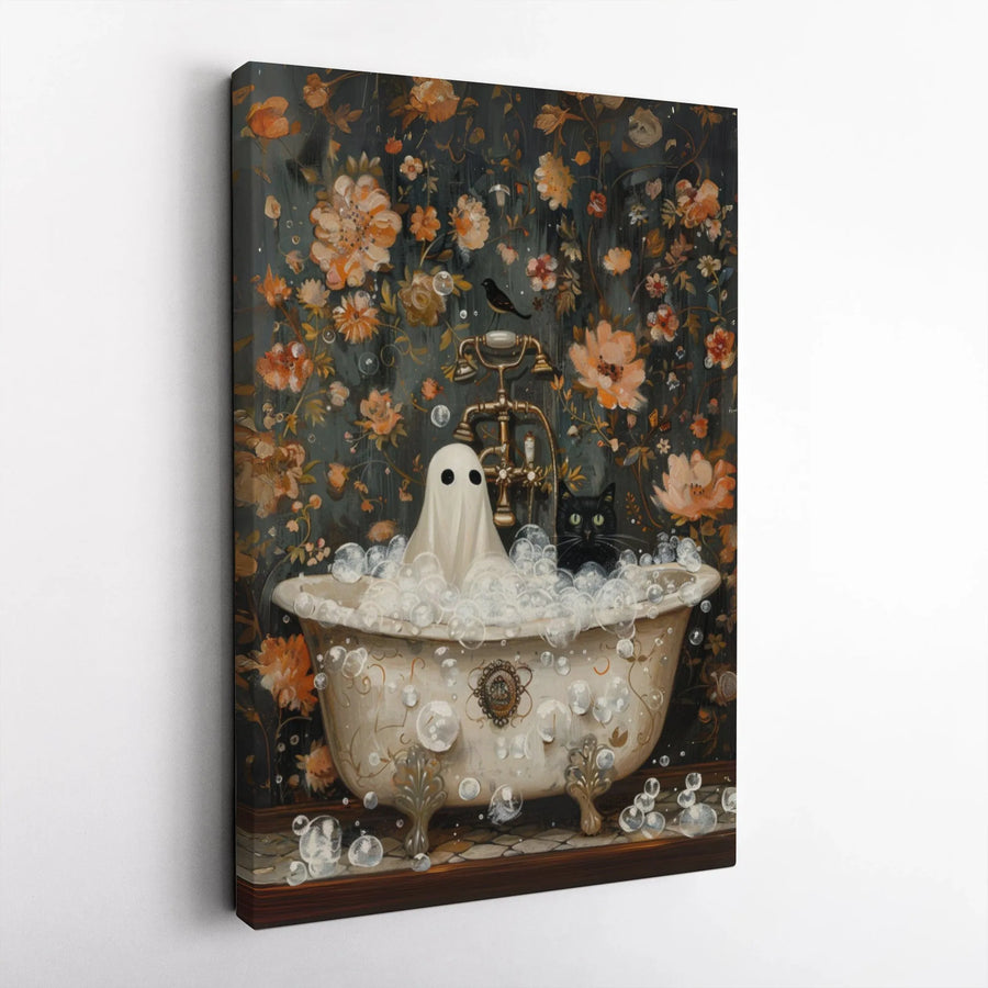 Ghost and Black Cat Canvas Print | Whimsical Floral Bathroom Wall Art | Premium Gallery Wrap Decor | Spooky Cute Halloween Home Gift
