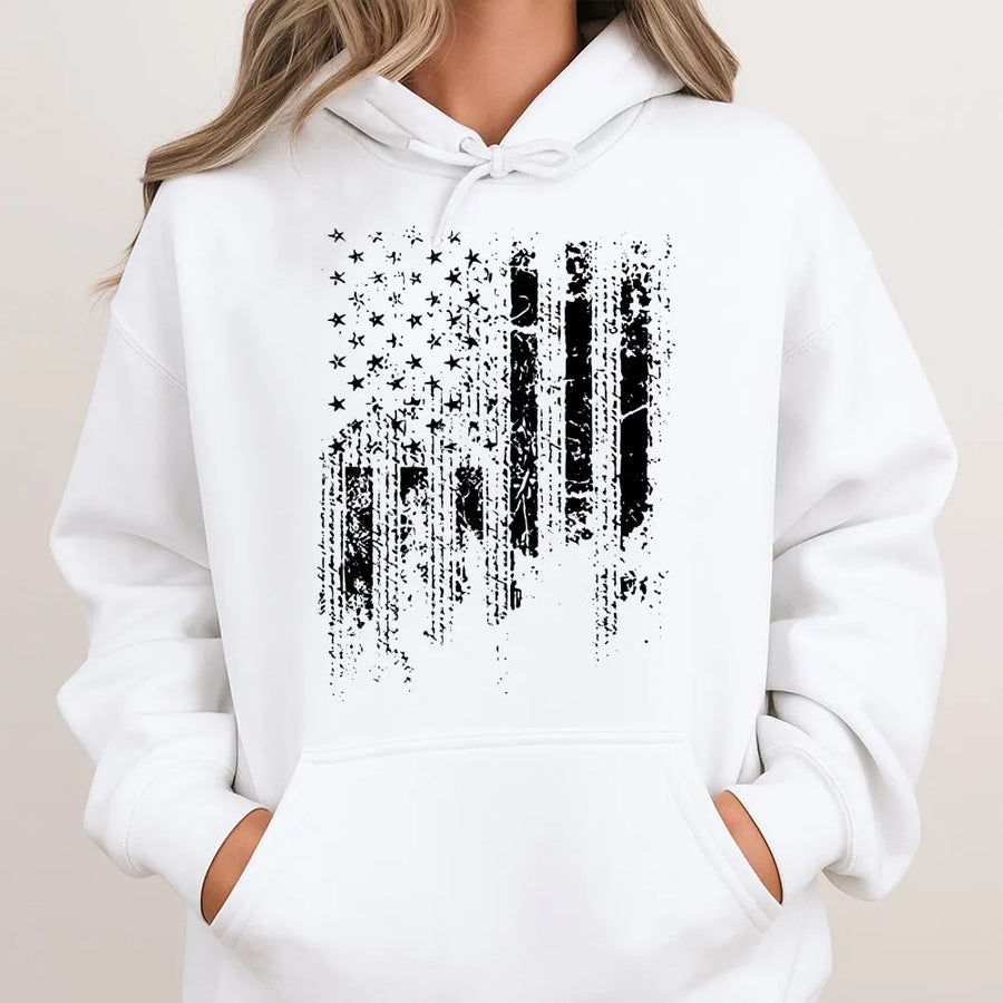 Distressed American Flag Hoodie | Grunge USA Patriotic Graphic | Premium Cotton-Poly Blend | Veteran & Freedom Lover Gift