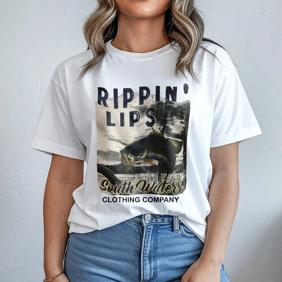 Bass Fishing T-Shirt | Rippin Lips Graphic Design | Premium Cotton Apparel | Gift for Anglers, Fishermen and Outdoor Enthusiasts