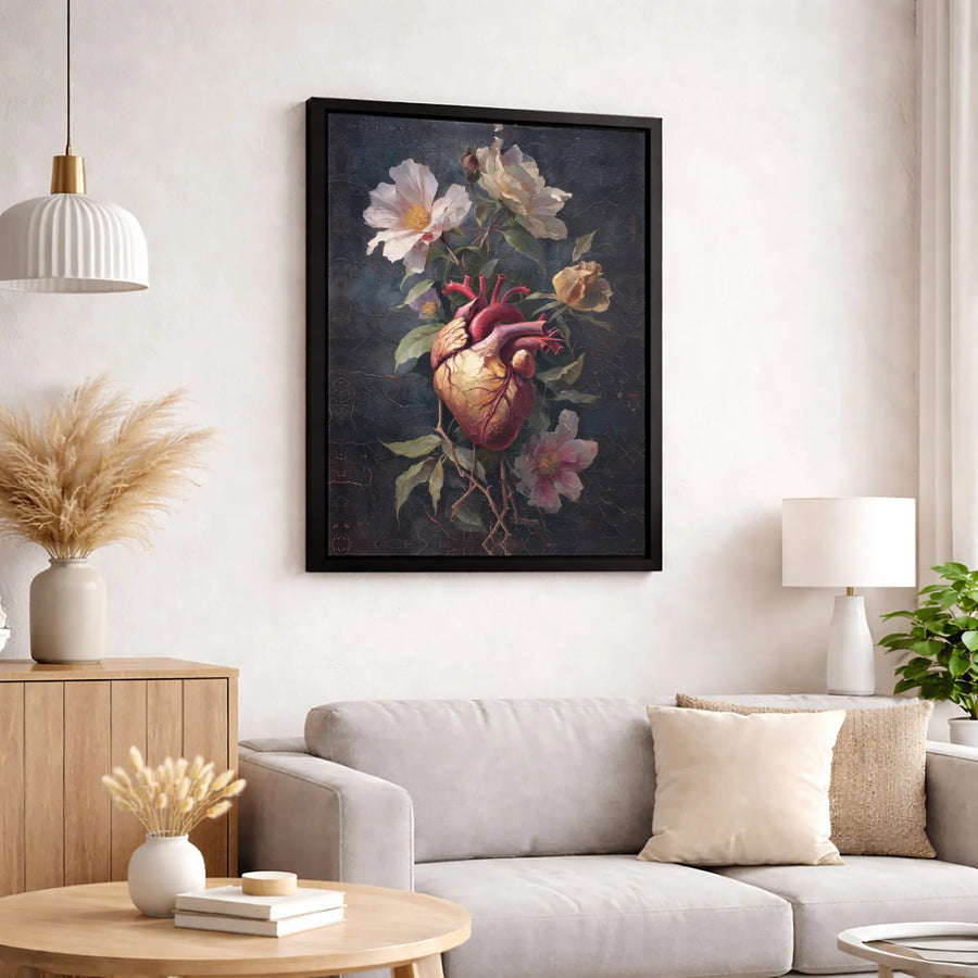 Anatomical Heart Wall Art | Vintage Floral Oil Painting Style | Premium Gallery Wrap Canvas | Gothic Romantic Home Decor Gift