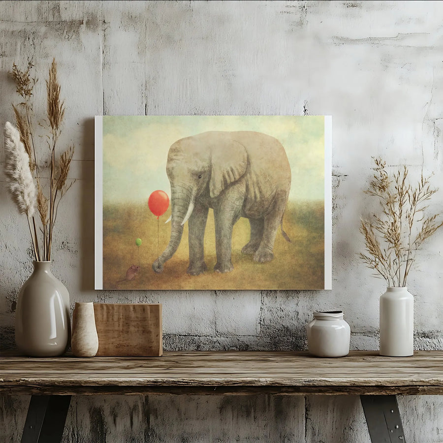 Elephant and Mouse Canvas Wall Art | Whimsical Friendship with Red Balloon | Premium Gallery Canvas Print | Nursery Wall Decor Gift for Kids