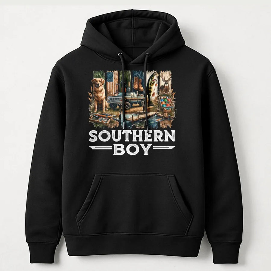 Southern Boy Hoodie | Country Life Outdoor Graphic | Premium Cotton Blend | Gift for Outdoorsmen Hunters Anglers