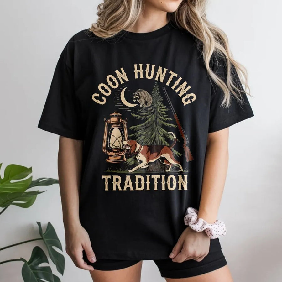 Coon Hunting T-Shirt | Vintage Hound Dog and Lantern Graphic | Premium Cotton Outdoor Apparel | Southern Country Lifestyle Gift for Hunter