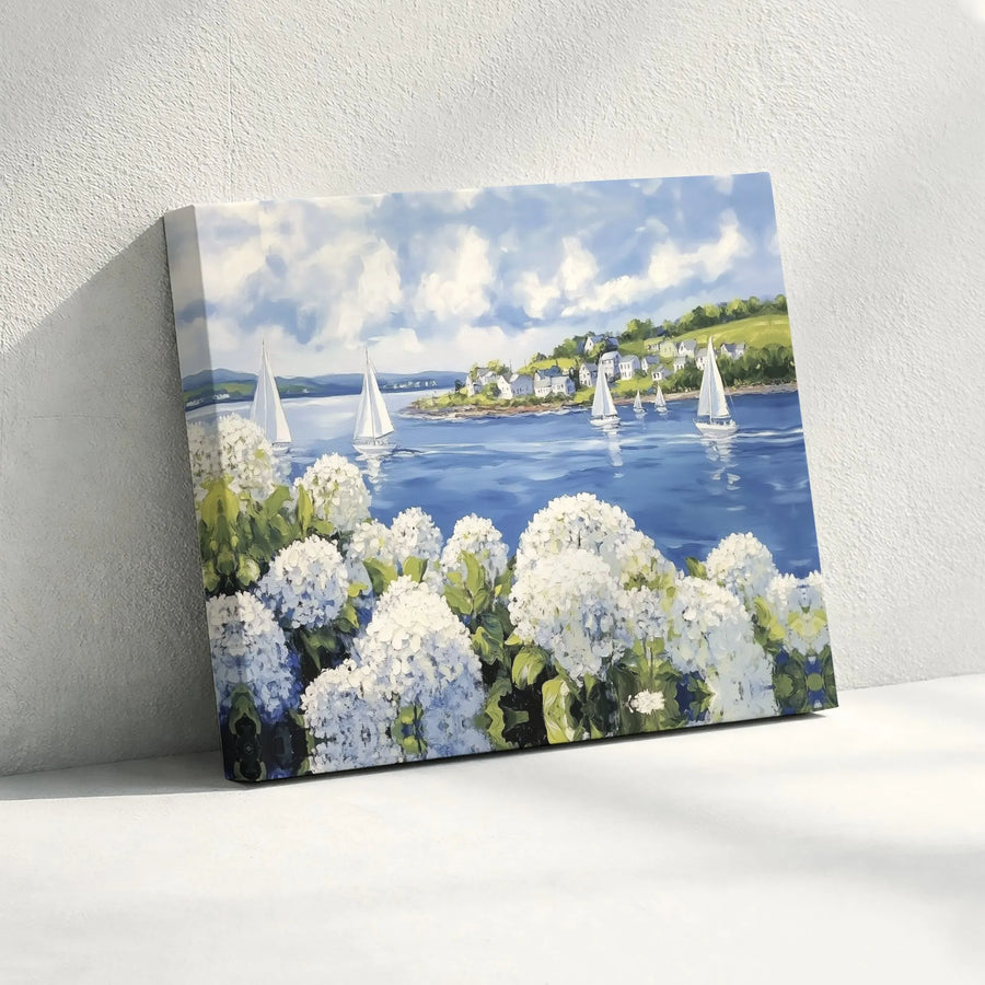 Coastal Sailboat & Hydrangea Canvas Wall Art | Nautical Village Seascape Painting | Premium Gallery Wrapped Canvas | Beach House Wall Decor Gift