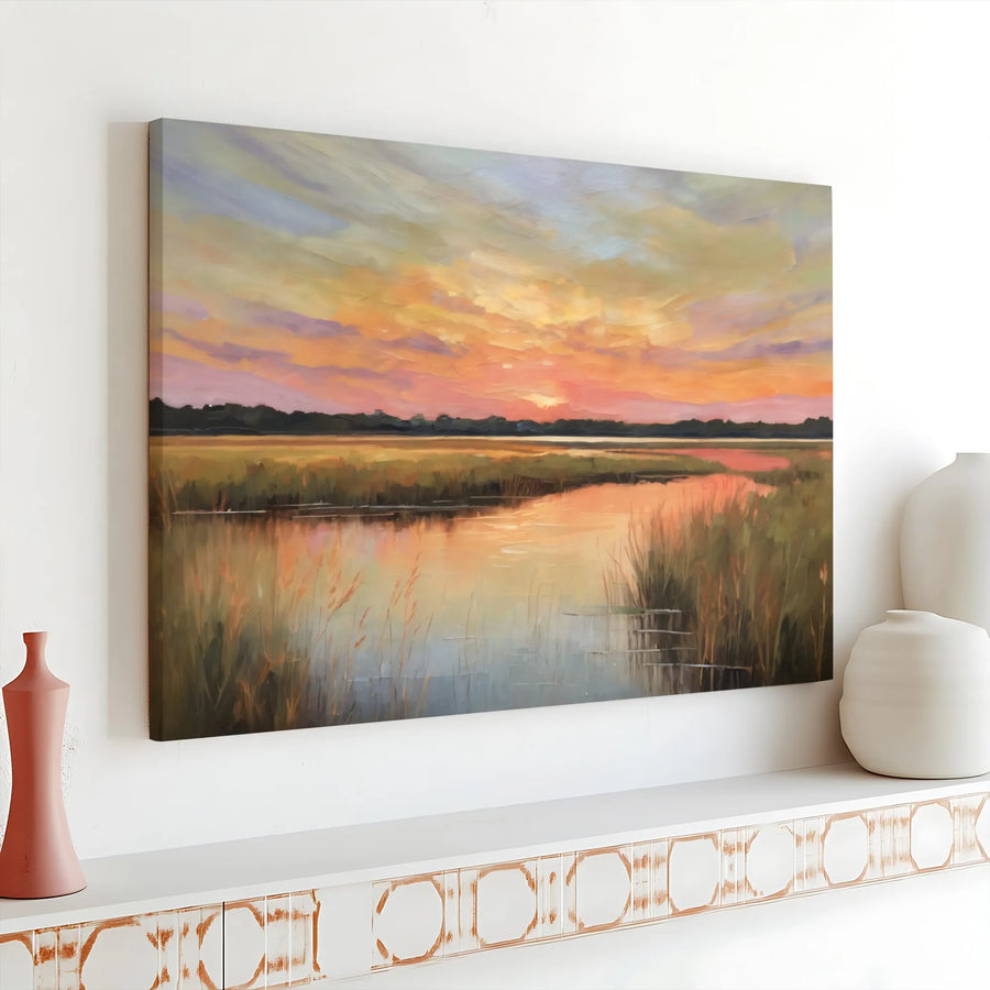 Marsh Landscape Canvas Art | Impressionist Sunset Wall Decor | 1.25 Inch Gallery Wrap | Premium Nature Print for Home Office