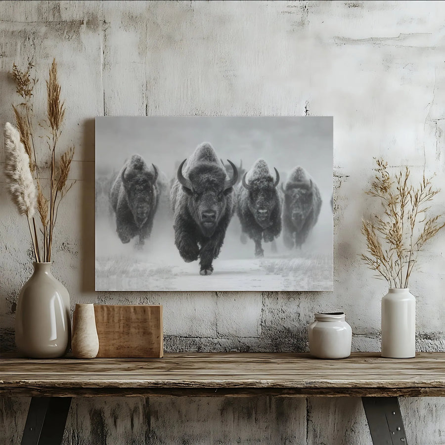 American Buffalo Canvas Wall Art | Black and White Bison Herd Running in Snow | Premium Gallery Wrap Print | Wildlife Home Office Decor Gift