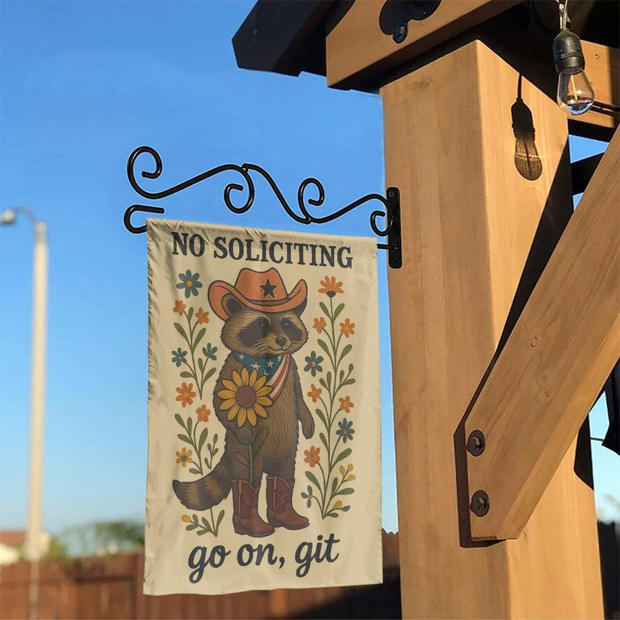 No Soliciting Cowboy Raccoon Garden Flag | Funny Country Western Yard Decor | Durable Weather-Resistant Polyester | Unique Farmhouse Porch Gift