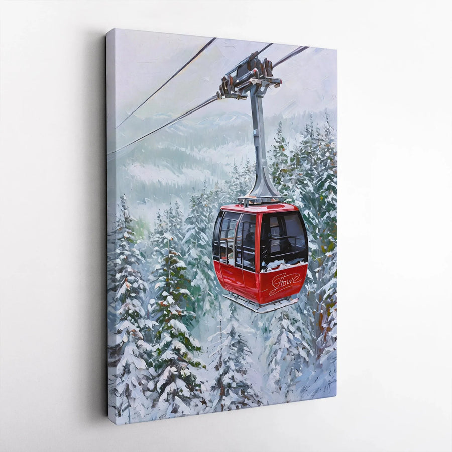 Stowe Ski Gondola Canvas Wall Art | Red Cable Car Winter Mountain Landscape | Premium Gallery Wrap Decor | Gift For Skiers & Snowboarders