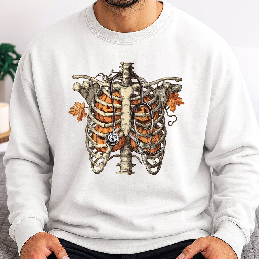 Pumpkin Rib Cage Sweatshirt | Anatomical Skeleton Stethoscope Graphic | Premium Cotton Blend | Halloween Nurse Gift for Healthcare Professionals