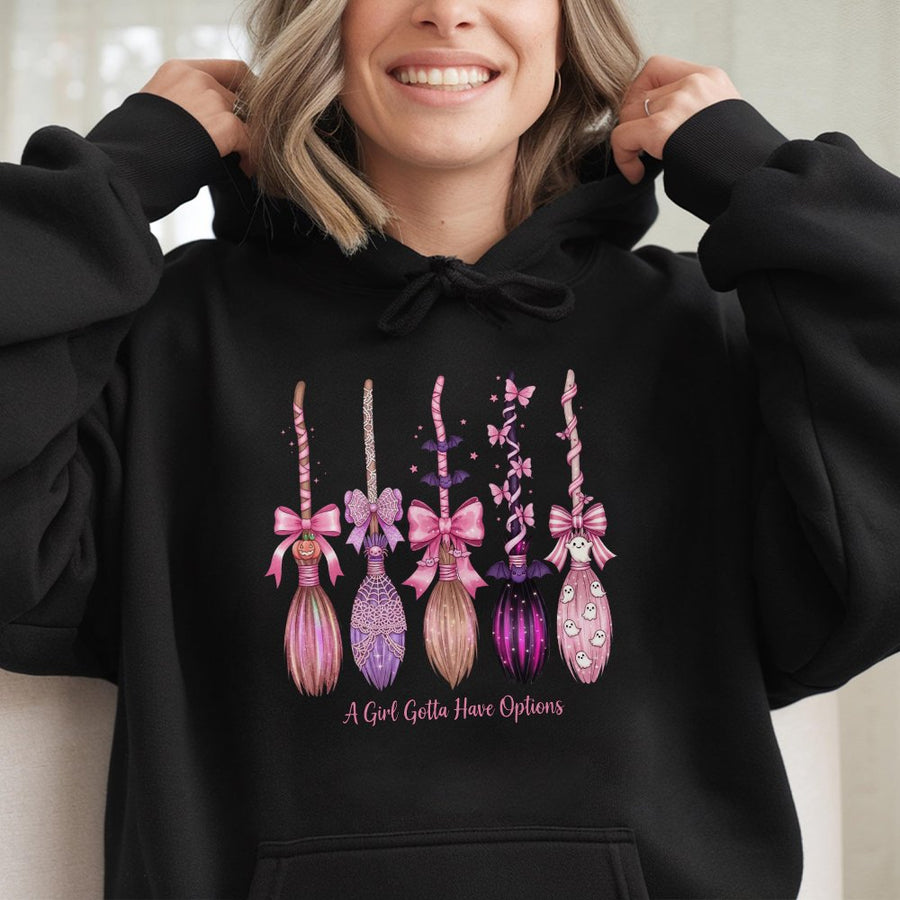 Pink Witch Broom Halloween Hoodie | Coquette Aesthetic Witchy Graphic | Premium Cotton Blend | Cute Fall Gift For Women
