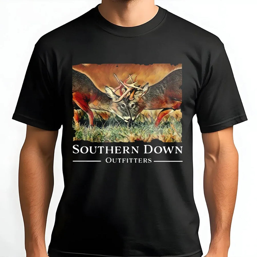 Buck Fighting T-Shirt | Southern Hunting Graphic Tee | Premium 100% Cotton Wildlife Apparel | Country Lifestyle Gift for Outdoorsmen