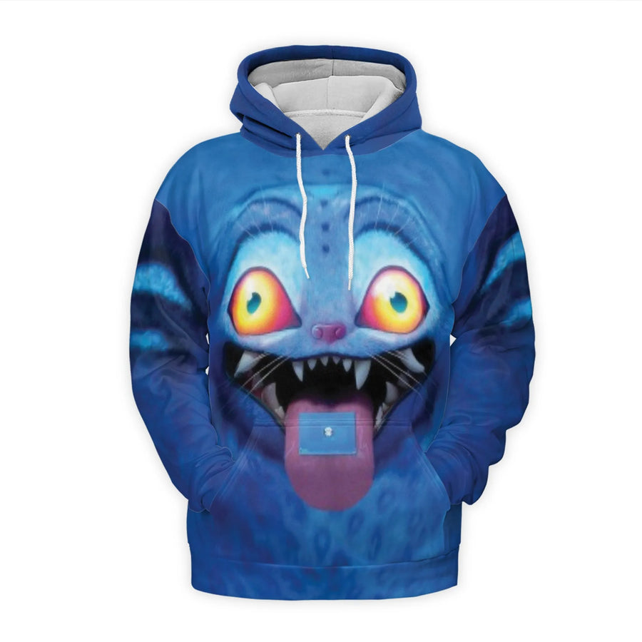 Psychedelic Cat 3D Hoodie | Blue Monster Creature Graphic Art | Premium Brushed Fleece Pullover | Festival Streetwear Gift for Men and Women