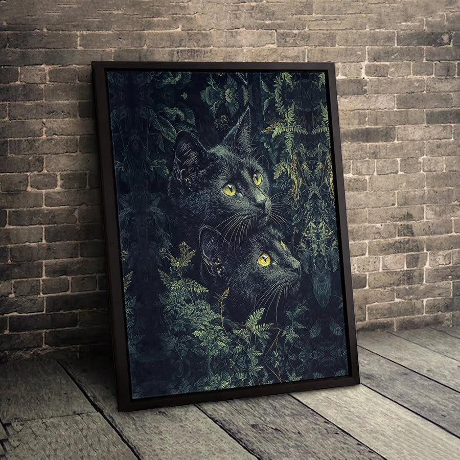 Black Cat Wall Art | Dark Forest Botanical Illustration | 1.25” Thick Premium Gallery Canvas | Nature Home Decor Gift for Cat Lovers