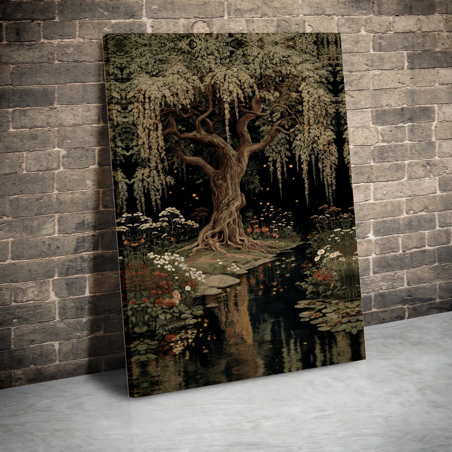 Mystical Tree Canvas Wall Art | Enchanted Forest Print with Fireflies | Premium Gallery Canvas | Dark Academia Home Decor Gift