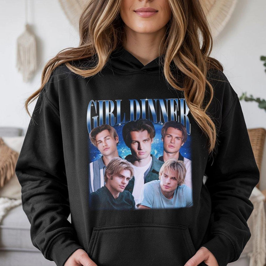 Girl Dinner Hoodie | 90s Heartthrobs Vintage Collage Graphic | Soft Cotton-Blend Aesthetic Pullover | Trendy Y2K Gift for Her & Fans